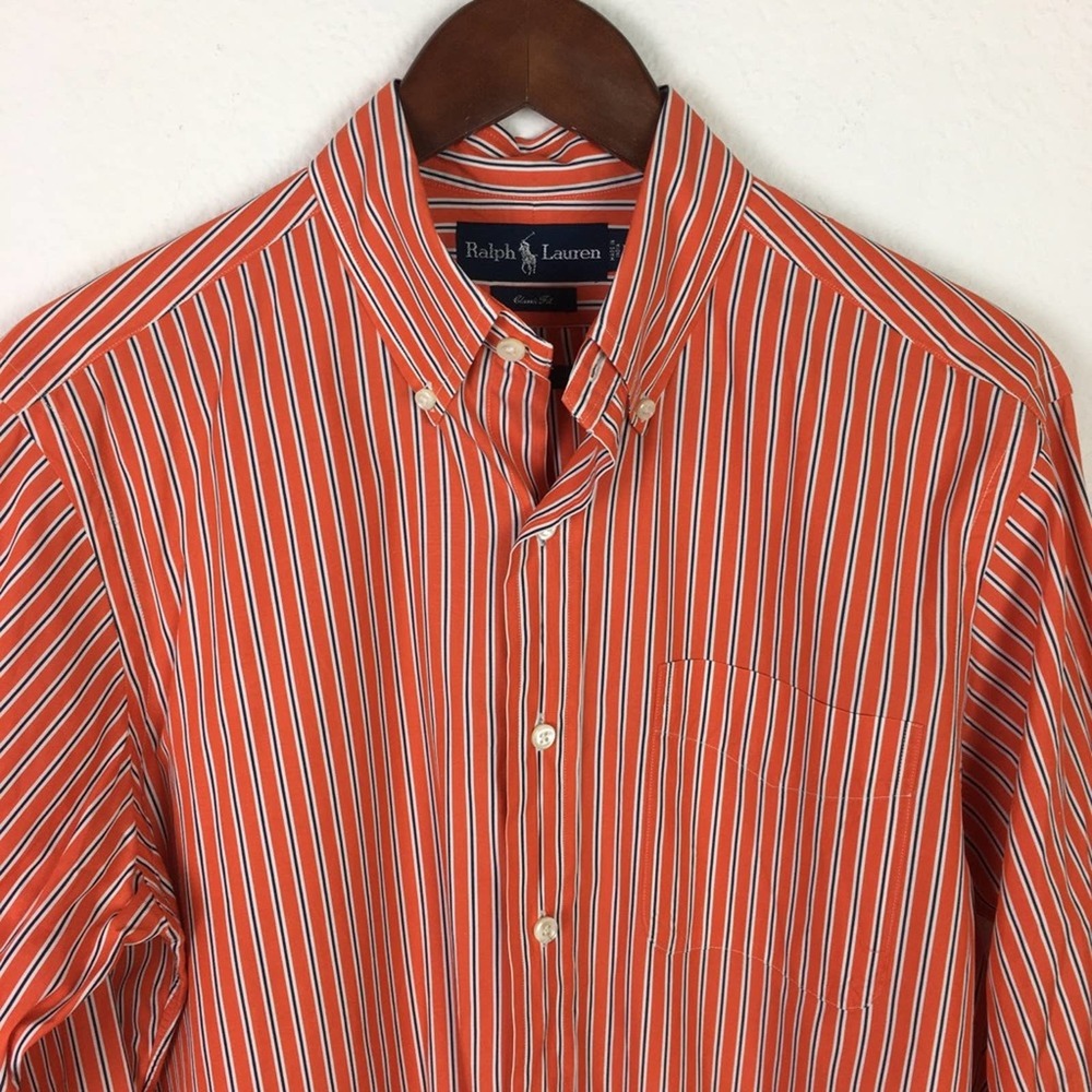 Ralph Lauren Orange & Navy Stripe Button Down Med - Picture 2 of 6